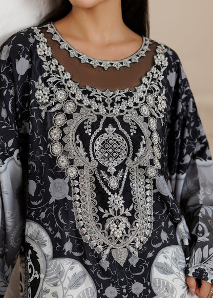 White Black Embroidered Raw Silk Kaftan Online in KSA Riyadh Saudi Arabia Oman Bahrain Qatar