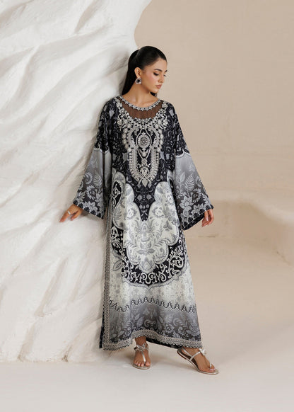 White Black Embroidered Raw Silk Kaftan Online in KSA Riyadh Saudi Arabia Oman Bahrain Qatar