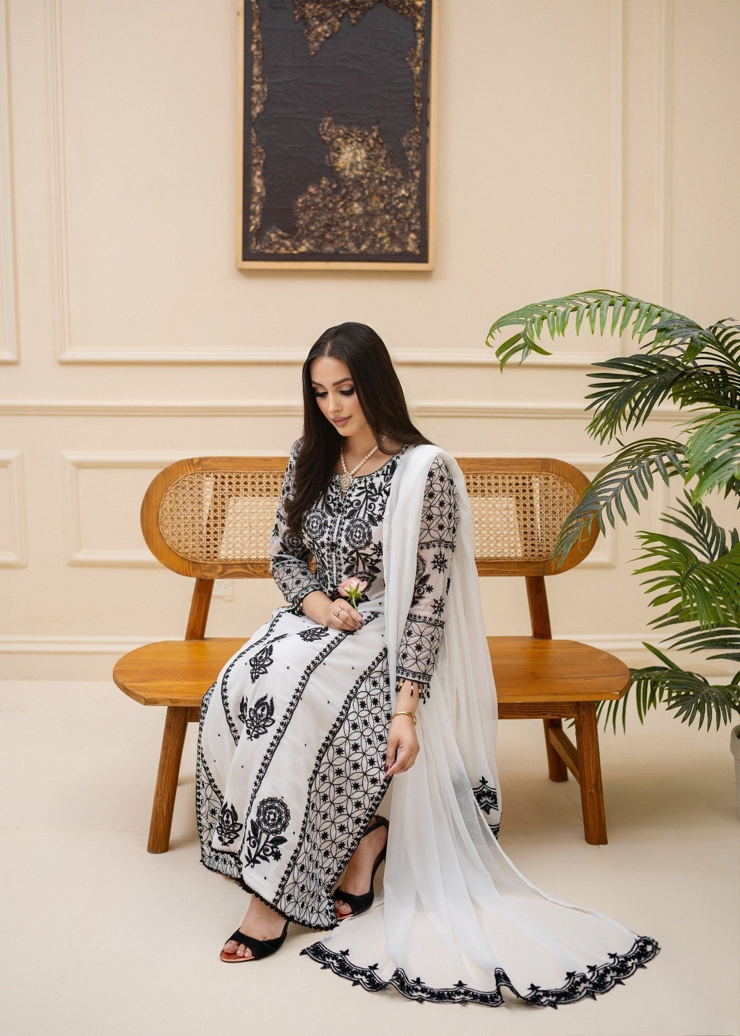 White Black Embroidery Chiffon Kurta Set Online in Sri Lanka India Australia