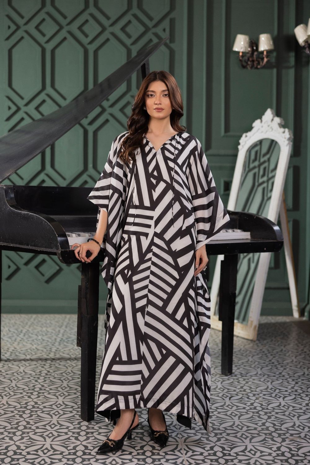 White Black Printed Poly Lawn Kaftan Suit Online in Dubai UAE Abudhabi Ajman Sharjah