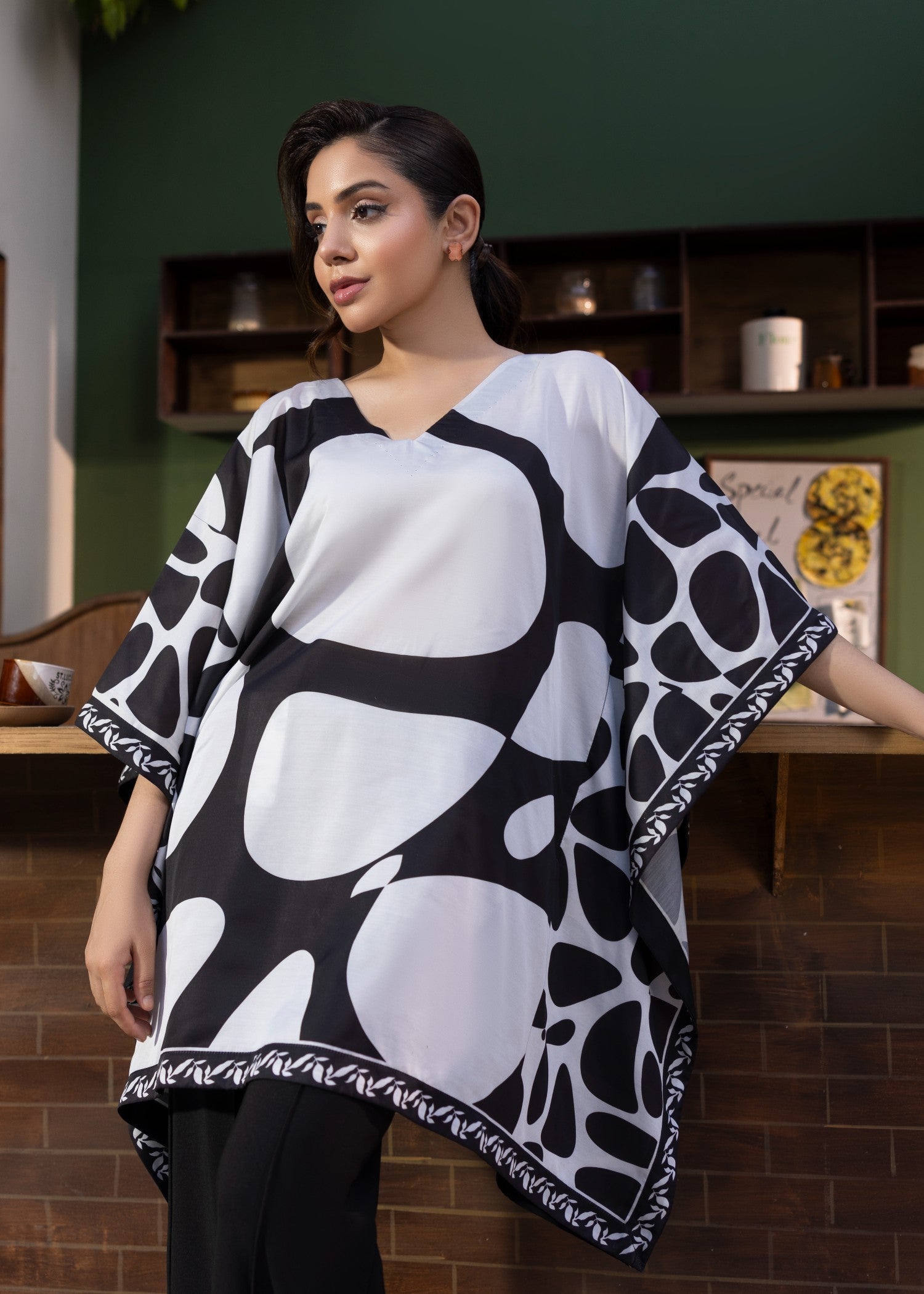 White Black Silk Statement Kaftan Online in Dubai UAE Abudhabi Ajman Sharjah
