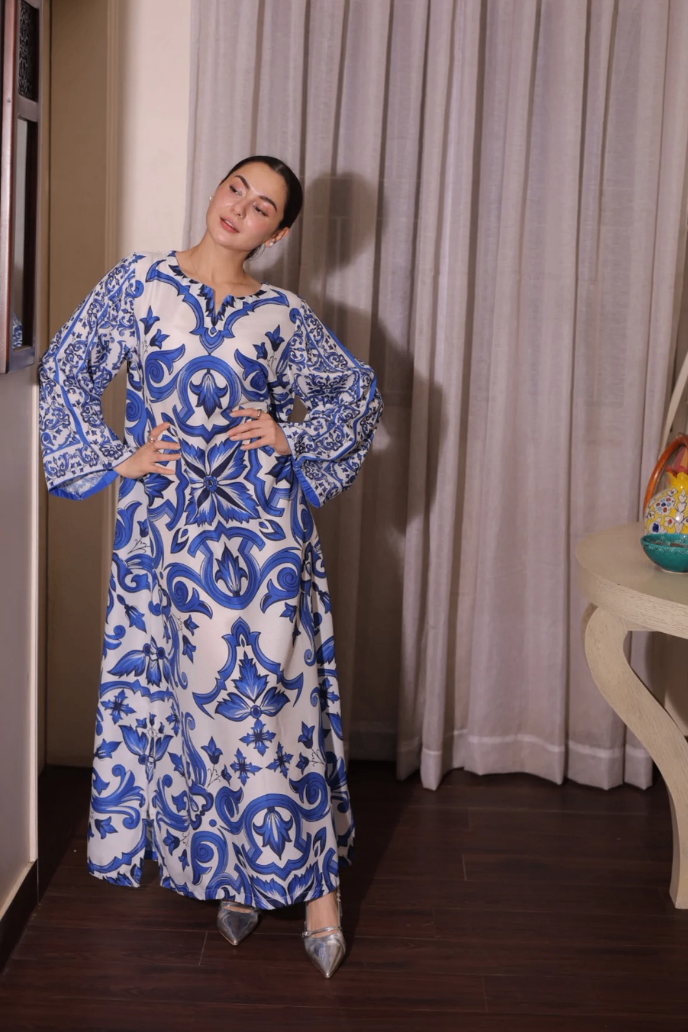 White Blue Raw Silk Kaftan Online in Dubai UAE Abudhabi Ajman Sharjah