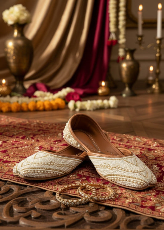 White Bridal Khussa with Pearl Detailing Online in Sri Lanka India Australia