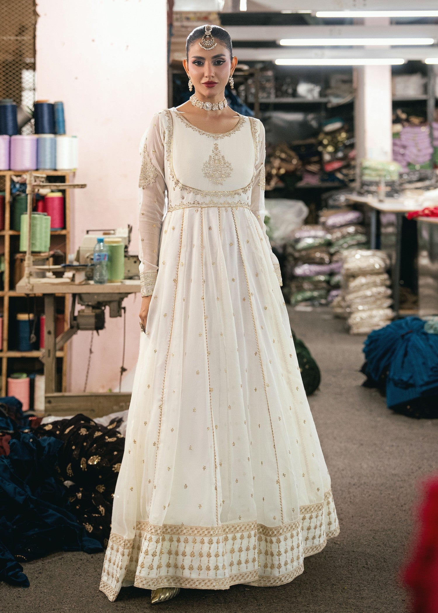 White Chiffon Embroidered Maxi for Party Wear Online in KSA Riyadh Saudi Arabia Oman Bahrain Qatar