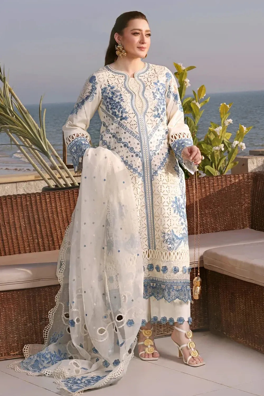 White Chikankari Lawn Suit with 3D Flowers Online in Dubai UAE Abudhabi Ajman Sharjah