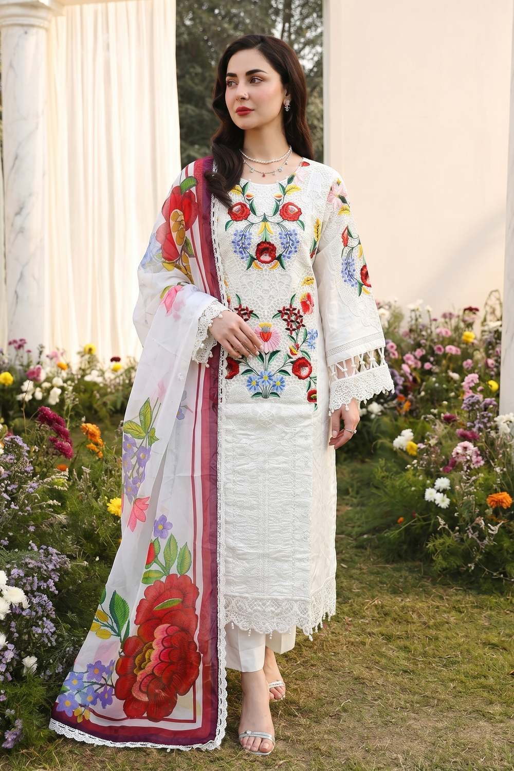 White Cotton Digital Printed Silk Dupatta Salwar Kameez Online in Dubai UAE Abudhabi Ajman Sharjah