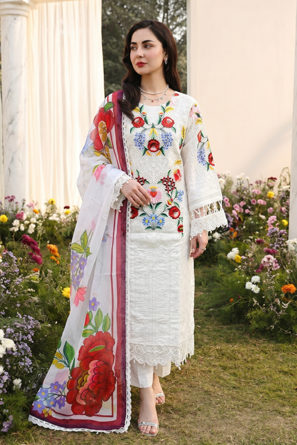 White Cotton Digital Printed Silk Dupatta Salwar Kameez Online in Dubai UAE Abudhabi Ajman Sharjah