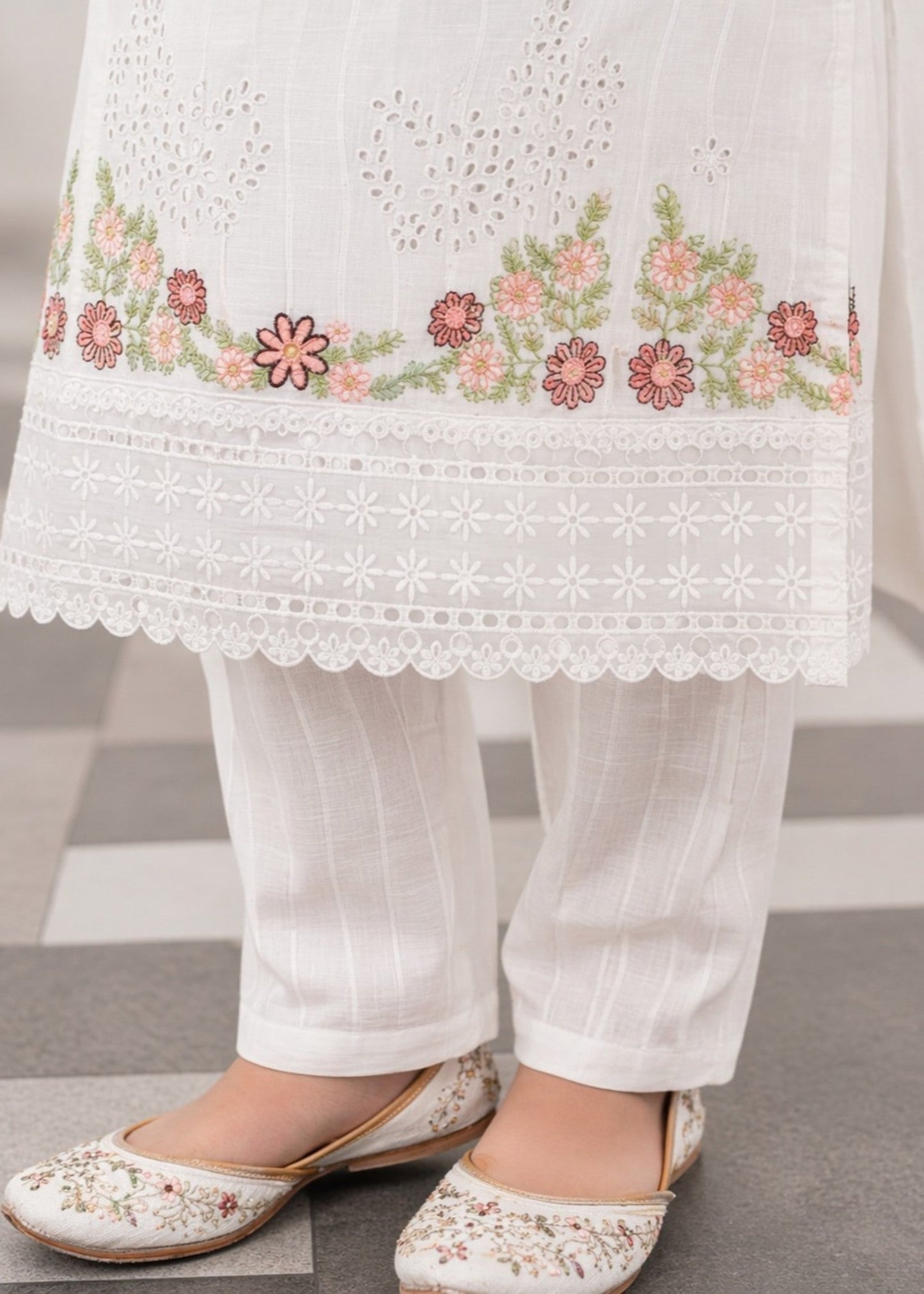 White Cotton Embroidered Girls Suit Online in Sri Lanka India Australia