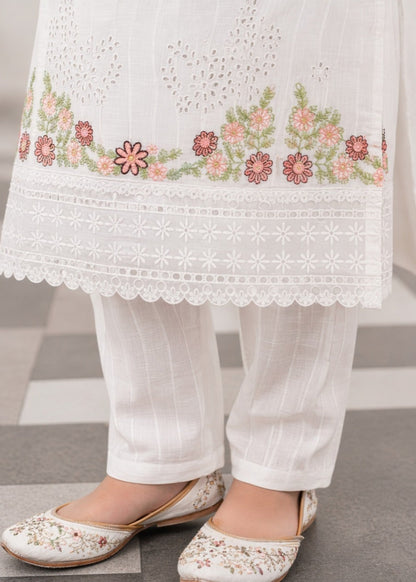 White Cotton Embroidered Girls Suit Online in Sri Lanka India Australia