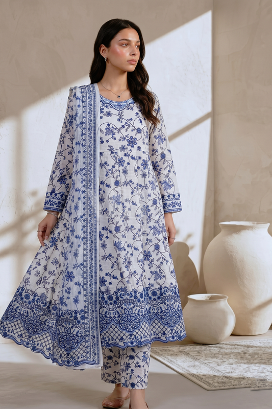 White Cotton Frock with Chiffon Dupatta Online in Dubai UAE Abudhabi Ajman Sharjah