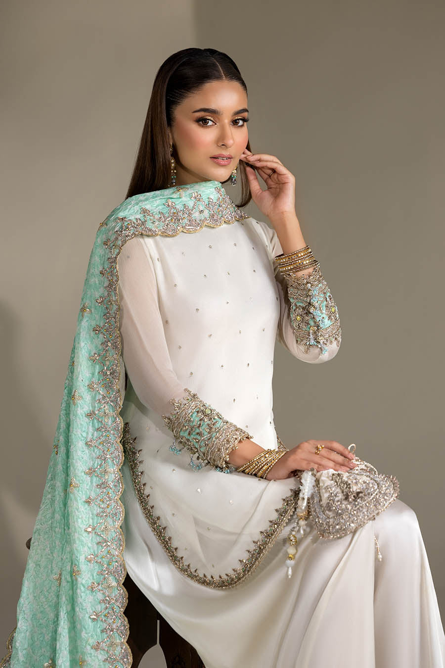 White Crinkle Chiffon Farshi Suit with Silk Dupatta Online in Sri Lanka India Australia