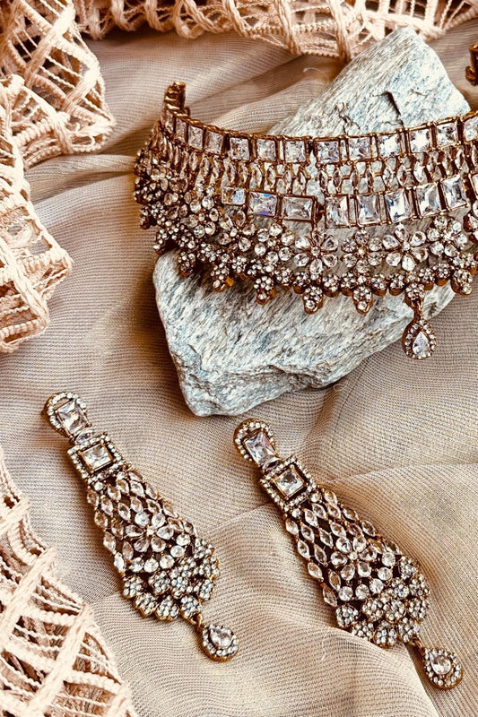 White Crystal Collar Necklace Set Online in Dubai UAE Abudhabi Ajman Sharjah