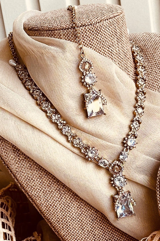 White Crystal Stone Work Bridal Jewellery Set Online in Dubai UAE Abudhabi Ajman Sharjah