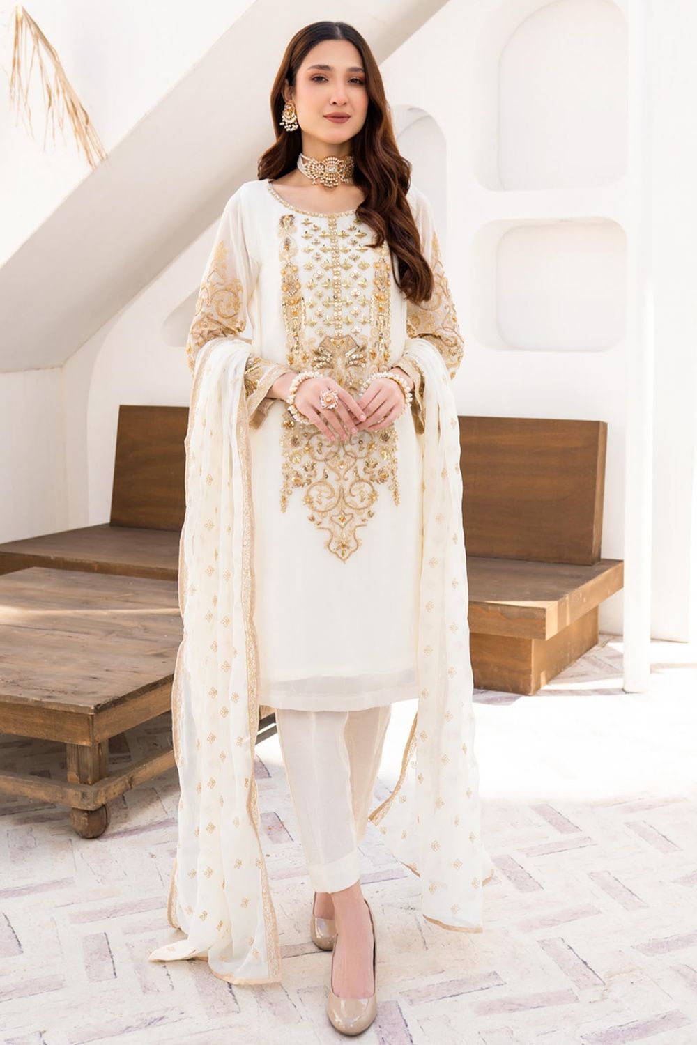 White Embellished Chiffon Festive Suit Online in Dubai UAE Abudhabi Ajman Sharjah