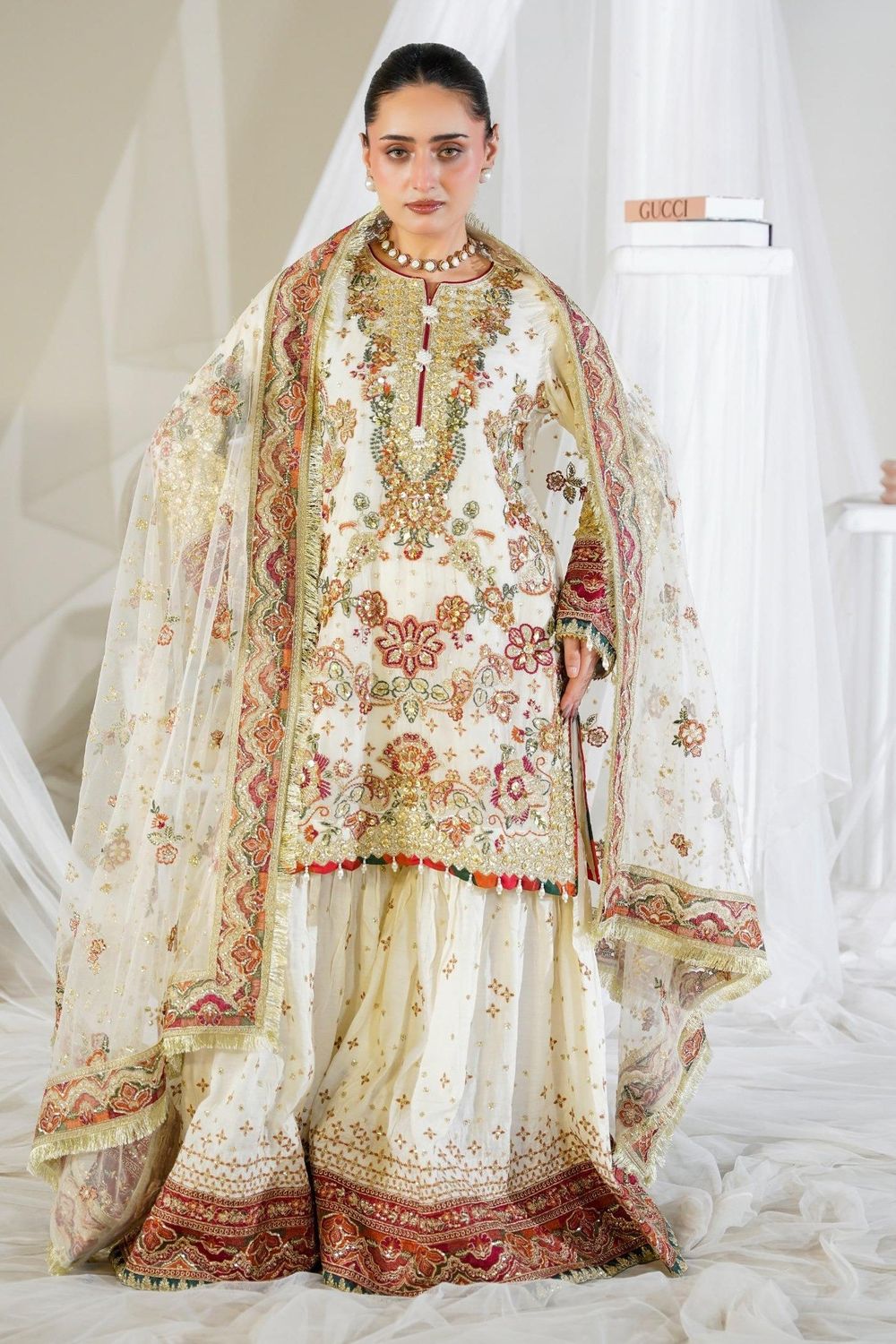 White Embellished Chiffon Garara Set Online in Dubai UAE Abudhabi Ajman Sharjah