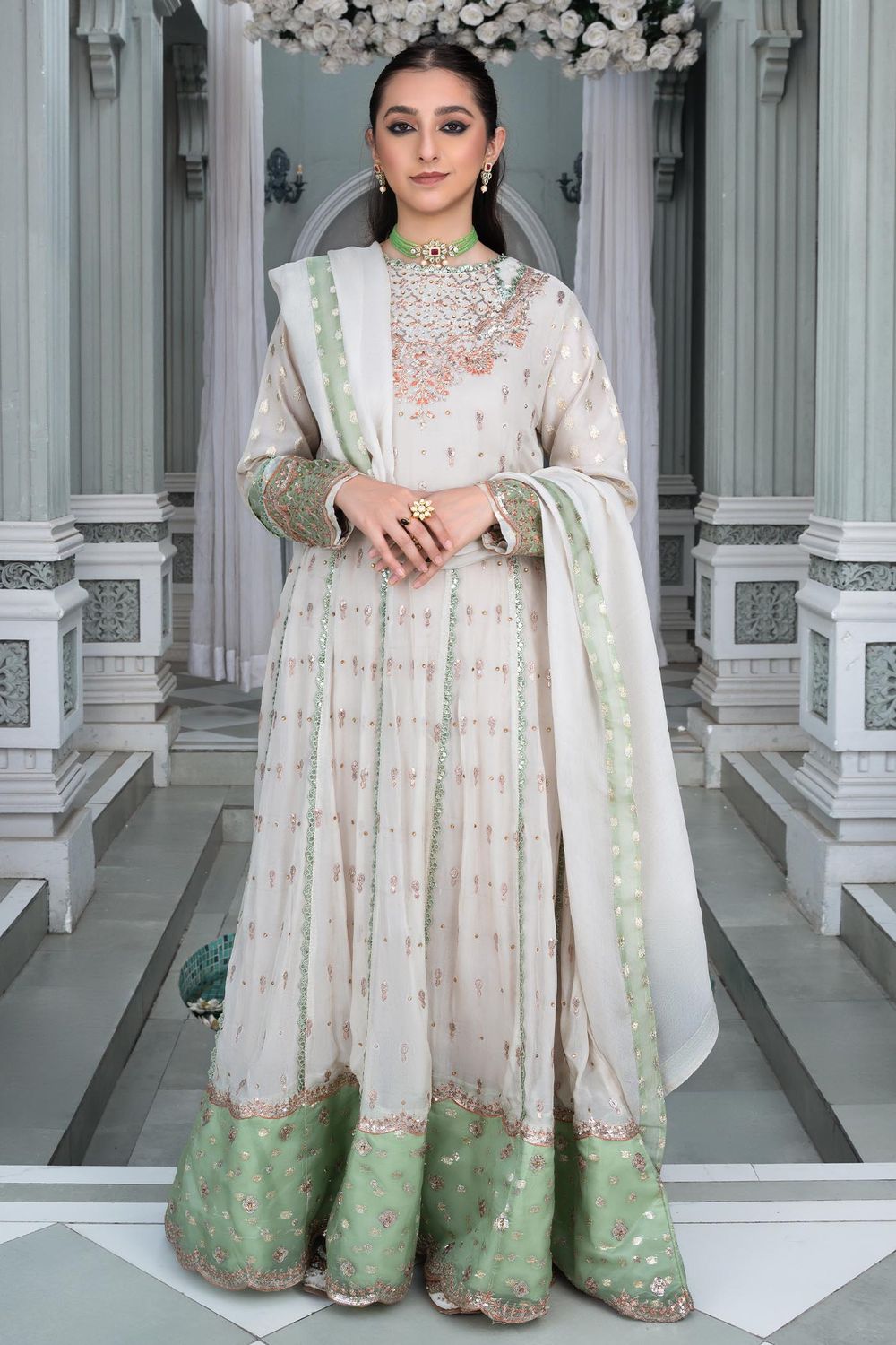 White Embellished Chiffon Wedding Guest Wear Suit Online in Dubai UAE Abudhabi Ajman Sharjah