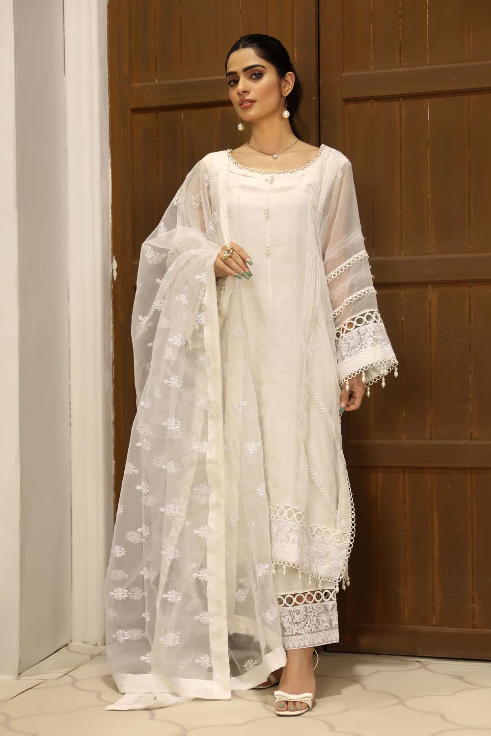 White Embellished Organza Festive Suit Online in Dubai UAE Abudhabi Ajman Sharjah