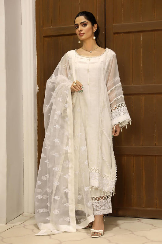 White Embellished Organza Festive Suit Online in Dubai UAE Abudhabi Ajman Sharjah