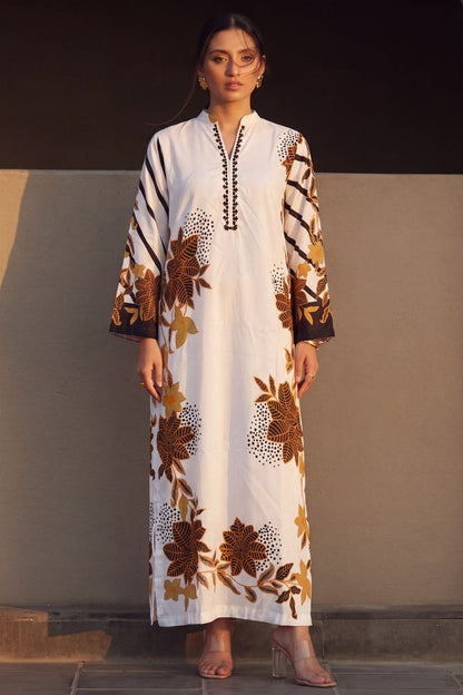 White Embellished Poly Silk Kaftan Online in Dubai UAE Abudhabi Ajman Sharjah