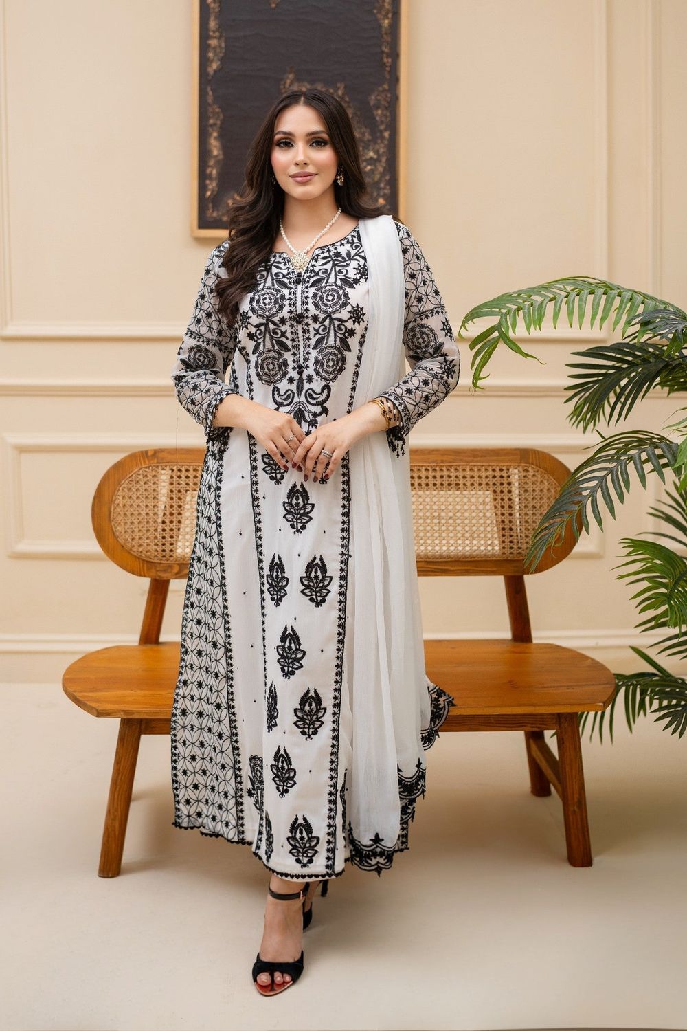 White Embroidered Bemberg Crinkle Chiffon Festive Suit Online in Dubai UAE Abudhabi Ajman Sharjah