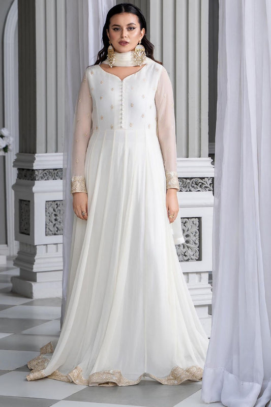 White Embroidered Chiffon Festive Suit Online in Dubai UAE Abudhabi Ajman Sharjah