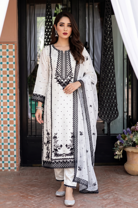 White Embroidered Chiffon Party Wear Suit Online in Dubai UAE Abudhabi Ajman Sharjah