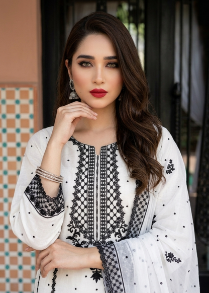 White Embroidered Chiffon Party Wear Suit Online in Dubai UAE Abudhabi Ajman Sharjah