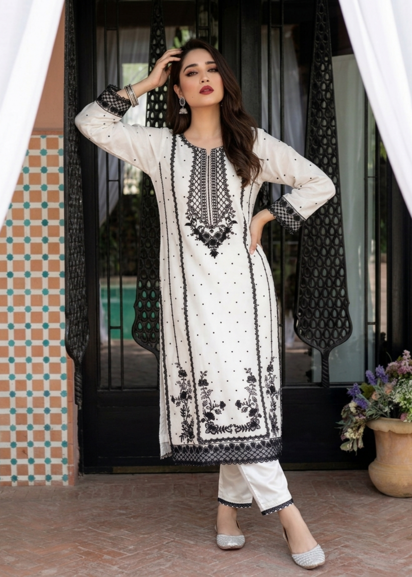 White Embroidered Chiffon Party Wear Suit Online in Dubai UAE Abudhabi Ajman Sharjah
