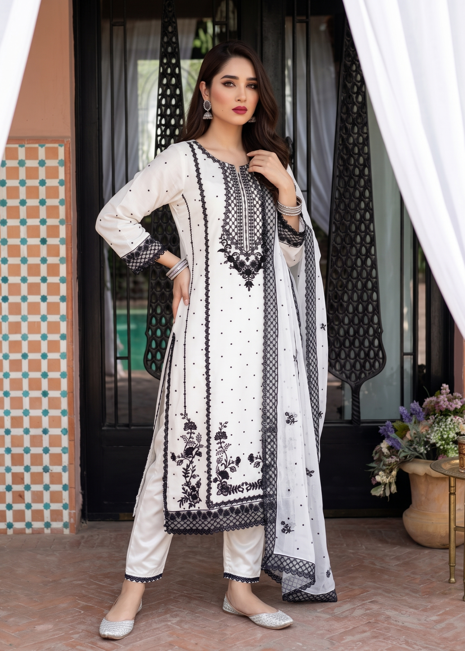 White Embroidered Chiffon Party Wear Suit Online in Dubai UAE Abudhabi Ajman Sharjah