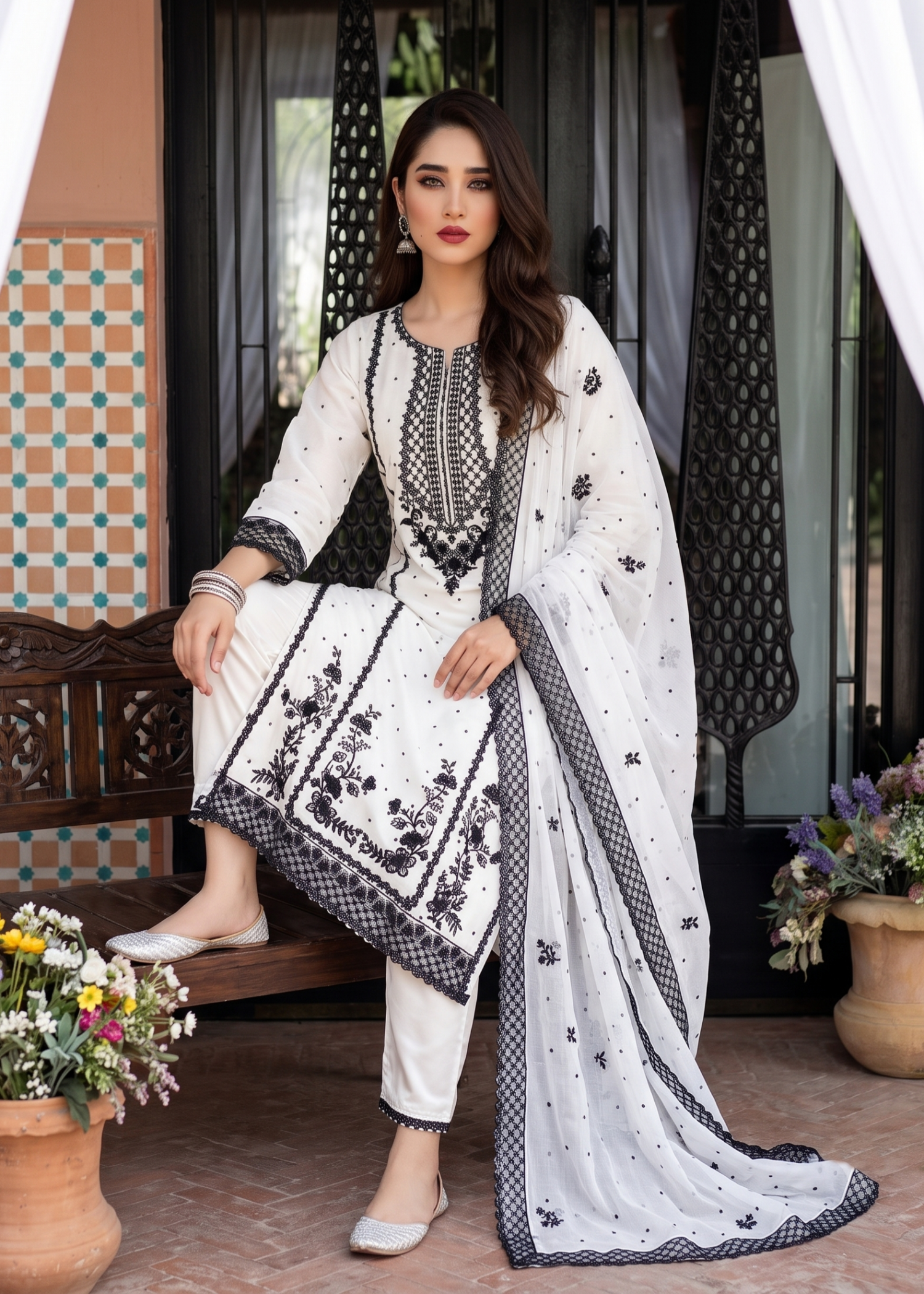 White Embroidered Chiffon Party Wear Suit Online in Dubai UAE Abudhabi Ajman Sharjah
