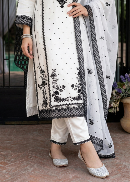 White Embroidered Chiffon Party Wear Suit Online in Dubai UAE Abudhabi Ajman Sharjah