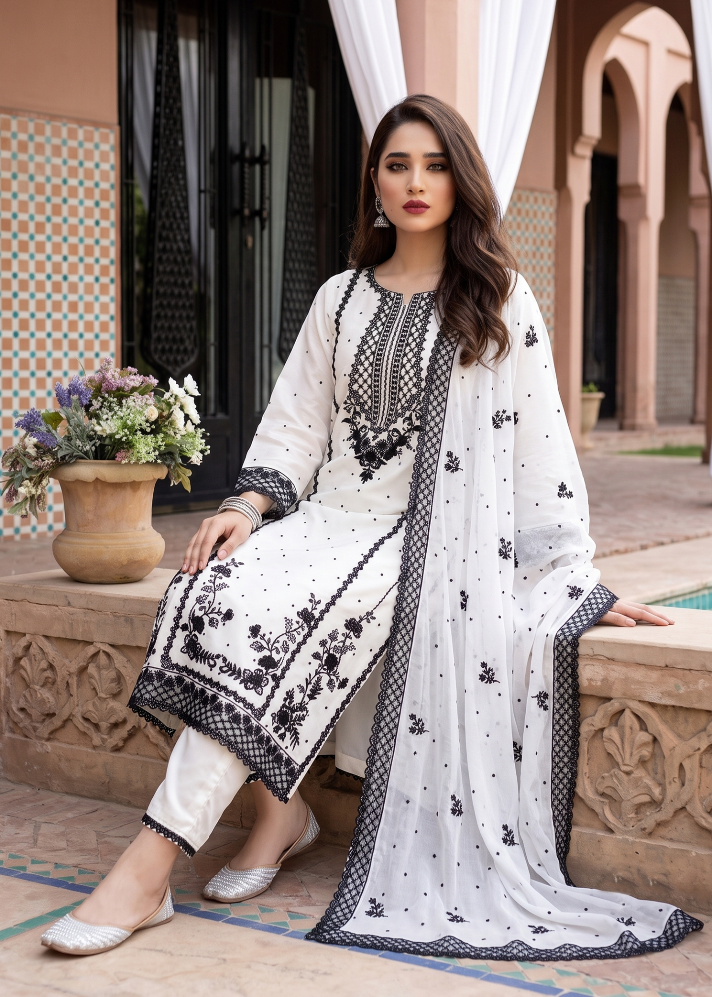 White Embroidered Chiffon Party Wear Suit Online in Dubai UAE Abudhabi Ajman Sharjah