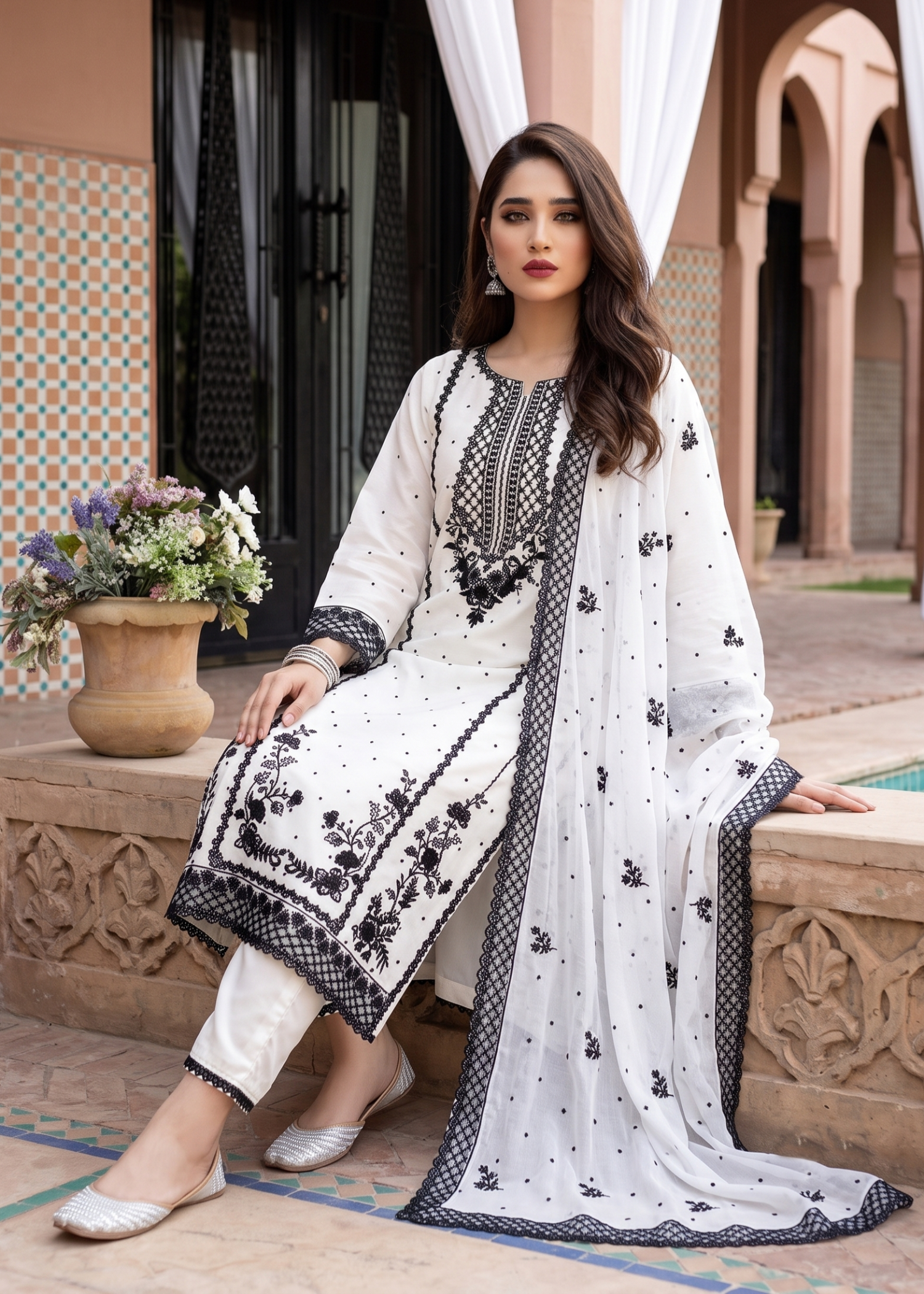 White Embroidered Chiffon Party Wear Suit Online in Dubai UAE Abudhabi Ajman Sharjah