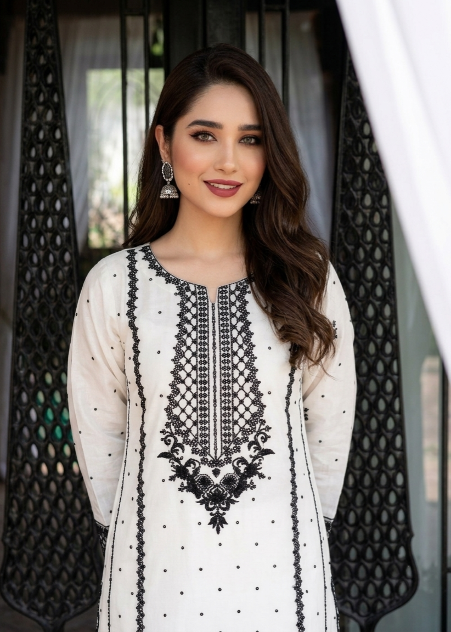 White Embroidered Chiffon Party Wear Suit Online in Dubai UAE Abudhabi Ajman Sharjah