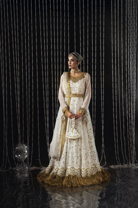 White Embroidered Chiffon Partywear Suit Online in Dubai UAE Abudhabi Ajman Sharjah