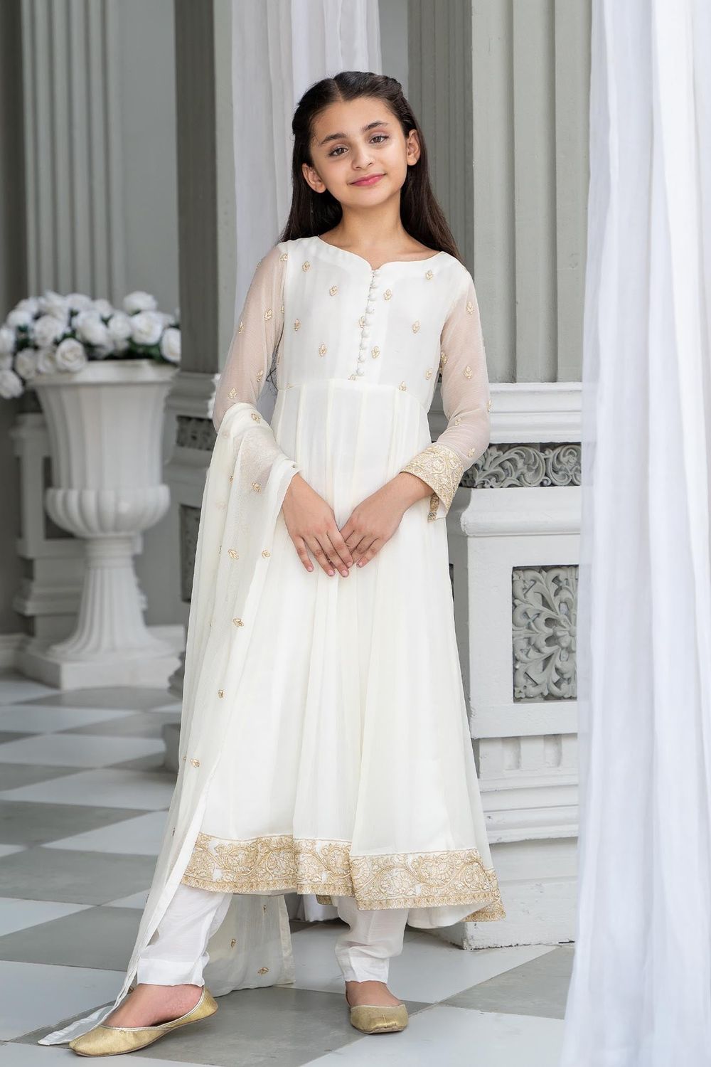 White Embroidered Chiffon Pishwas Salwar Kameez Online in Dubai UAE Abudhabi Ajman Sharjah