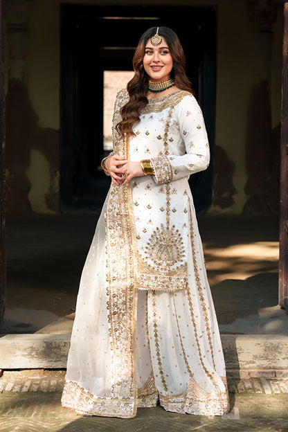 White Embroidered Chiffon Wedding Guest Wear Suit Online in Dubai UAE Abudhabi Ajman Sharjah