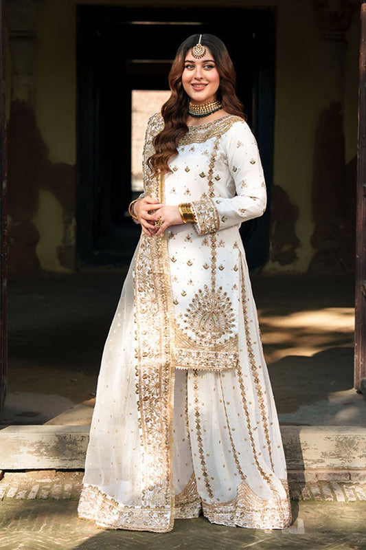 White Embroidered Chiffon Wedding Guest Wear Suit Online in Dubai UAE Abudhabi Ajman Sharjah