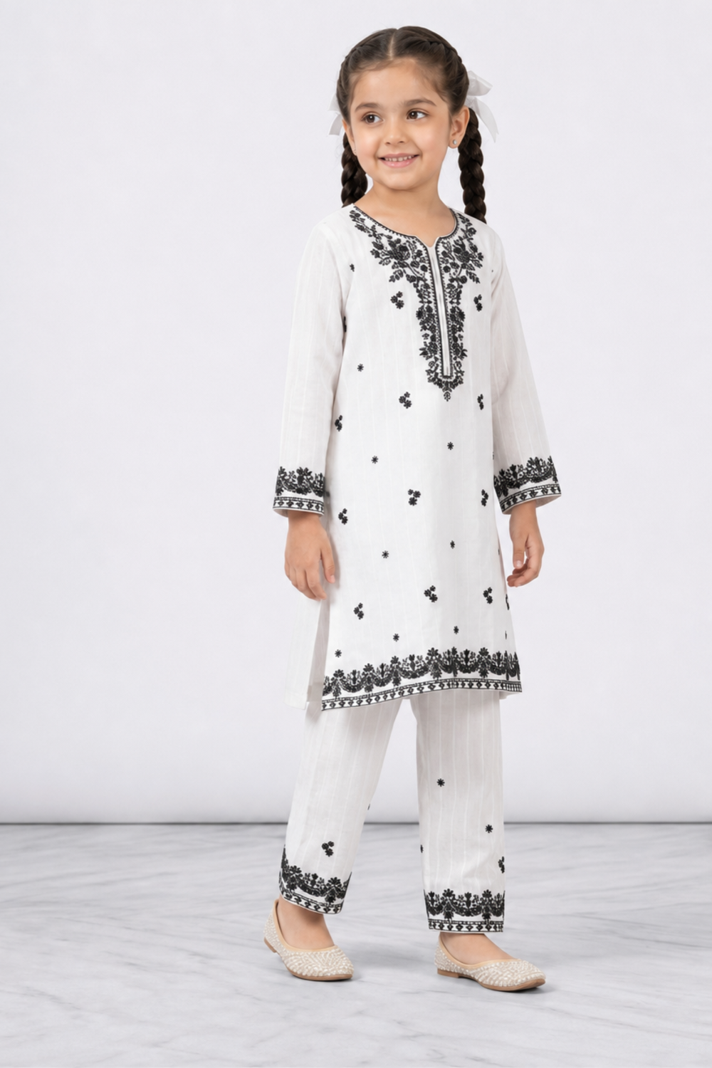 White Embroidered Cotton Girls Kurta Set Online in Dubai UAE Abudhabi Ajman Sharjah