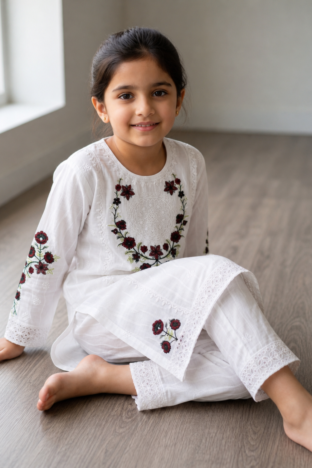 White Embroidered Cotton Girls Kurta Set Online in Dubai UAE Abudhabi Ajman Sharjah