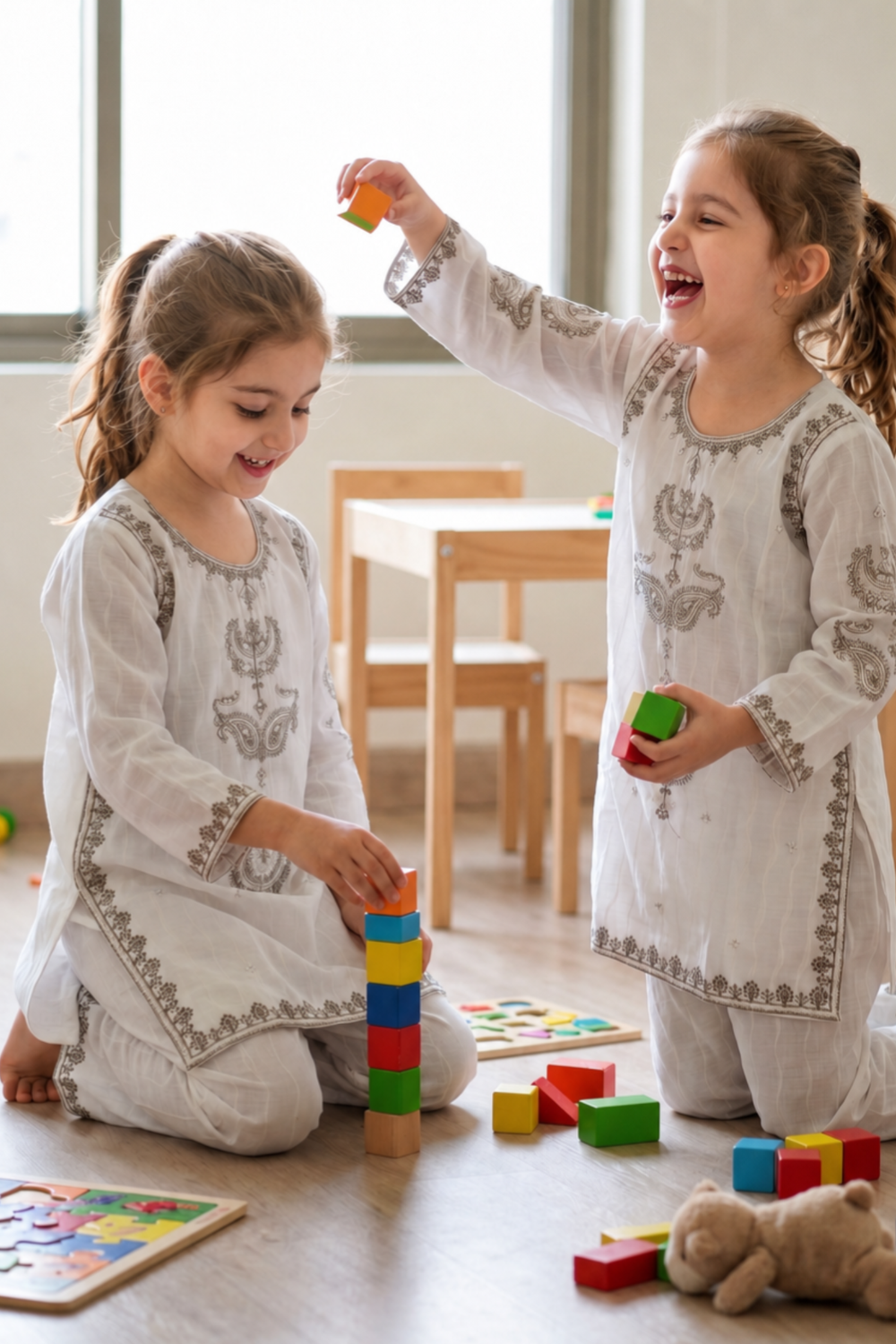White Embroidered Cotton Girls Kurta Set Online in Dubai UAE Abudhabi Ajman Sharjah