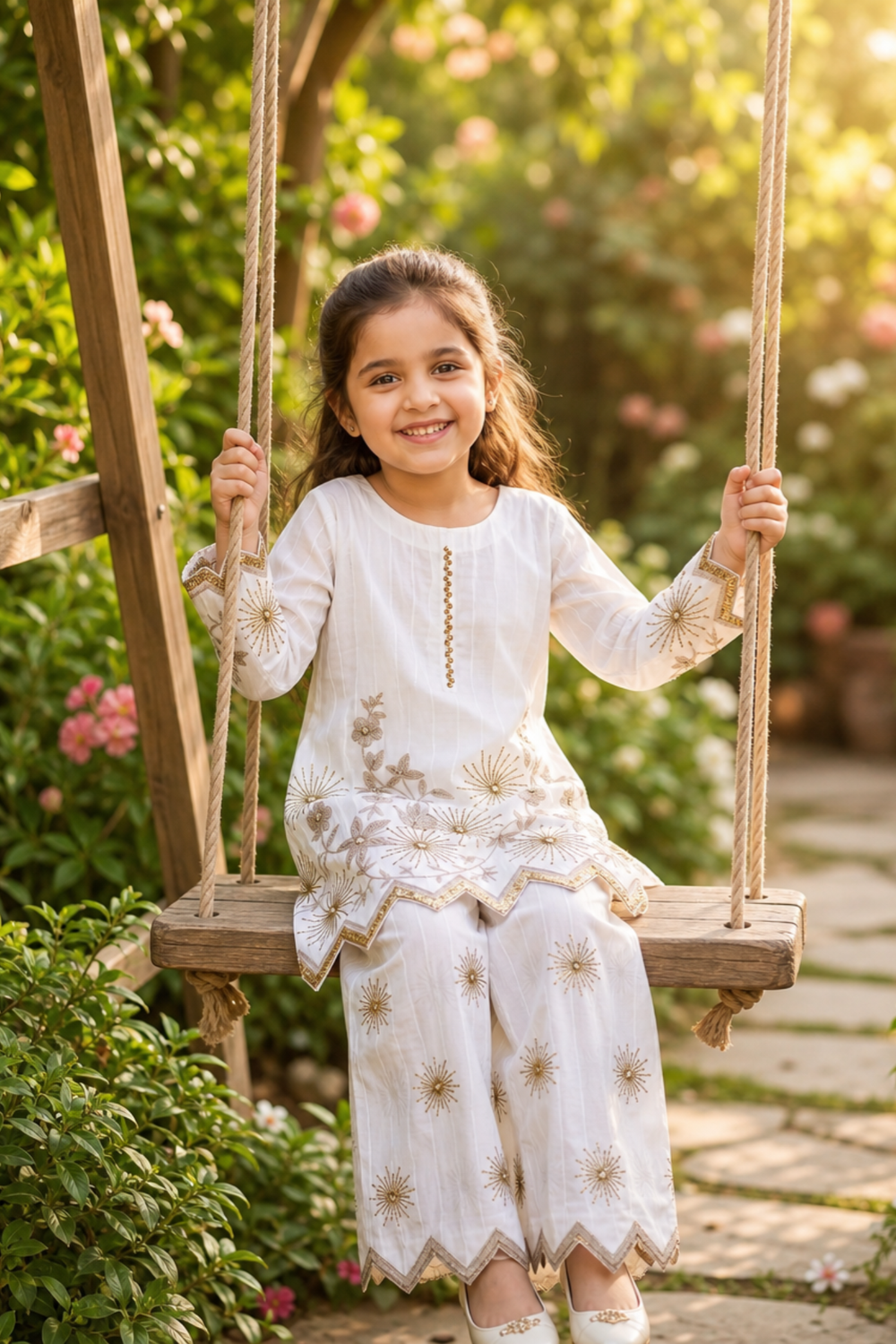 White Embroidered Cotton Girls Kurta Set Online in Dubai UAE Abudhabi Ajman Sharjah