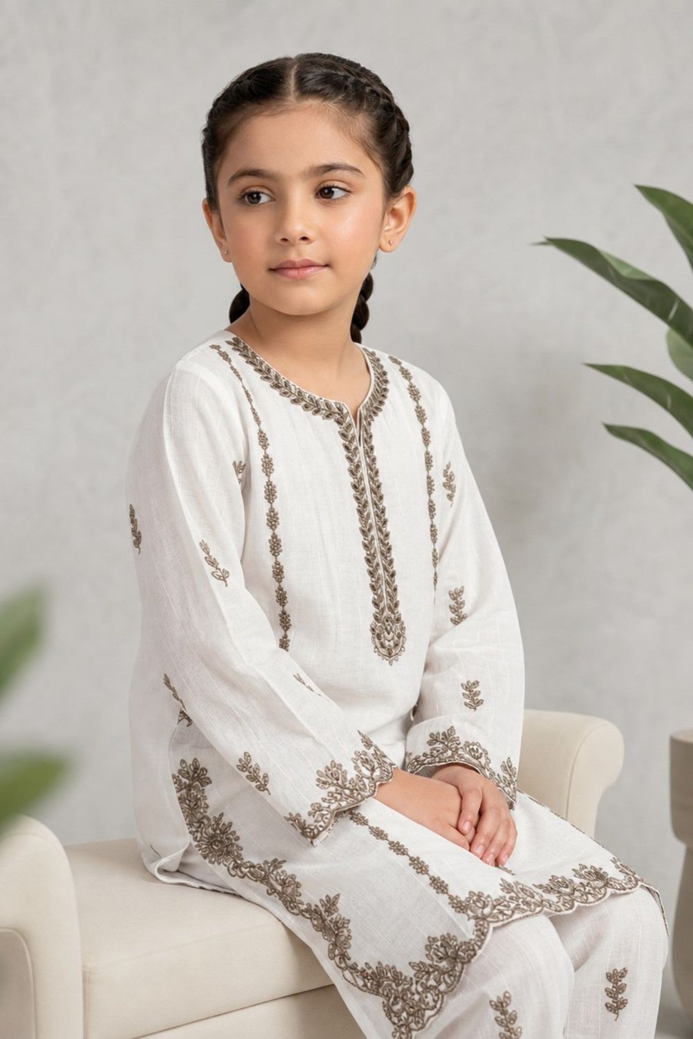 White Embroidered Cotton Kurta Set for Girls Online in Dubai UAE Abudhabi Ajman Sharjah