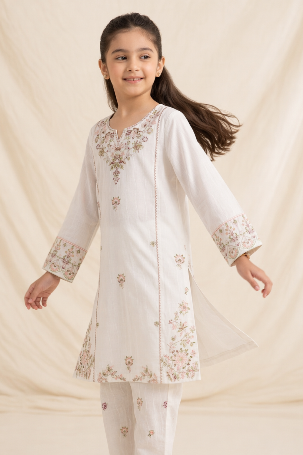 White Embroidered Cotton Kurta Set for Girls Online in Dubai UAE Abudhabi Ajman Sharjah