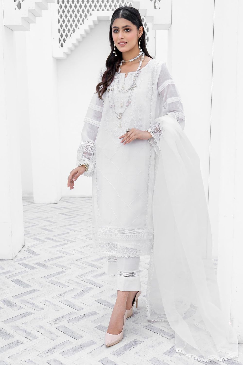 White Embroidered Cotton Partywear Suit Online in Dubai UAE Abudhabi Ajman Sharjah