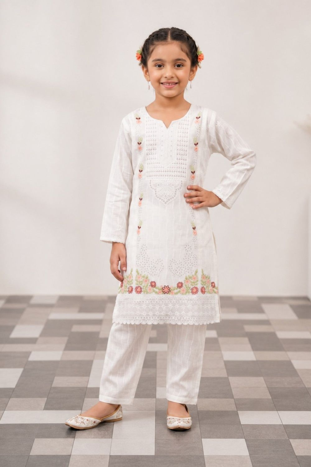 White Embroidered Cotton Straight Kurta Set Online in Dubai UAE Abudhabi Ajman Sharjah