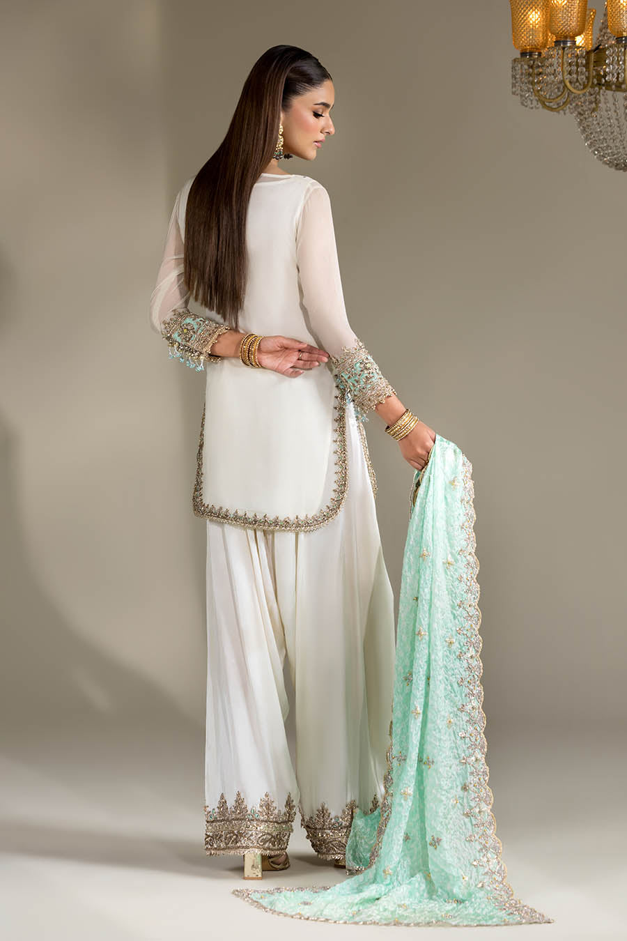 White Embroidered Farshi Salwar Kameez with Dupatta Online in Dubai UAE Abudhabi Ajman Sharjah