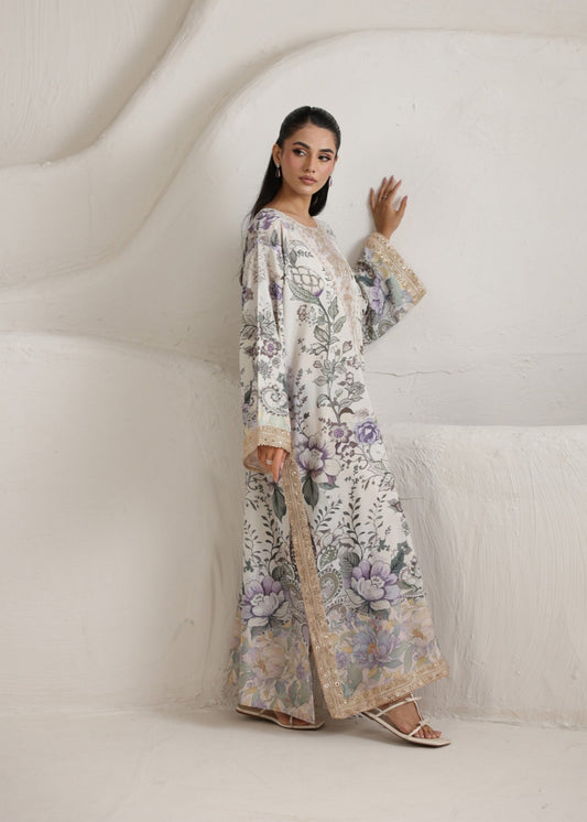 White Embroidered Kaftan Gown Raw Silk Online in Dubai DXB UAE Abudhabi Meena Bazaar