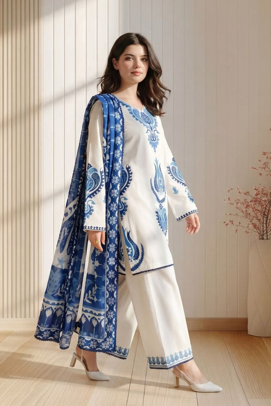 White Embroidered Lawn Cotton Salwar Suit Online in Dubai UAE Abudhabi Ajman Sharjah