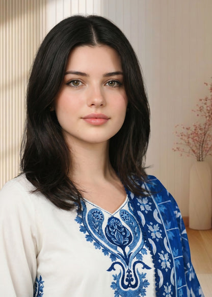 White Embroidered Lawn Cotton Straight Trouser Suit Online in Dubai UAE Abudhabi Ajman Sharjah